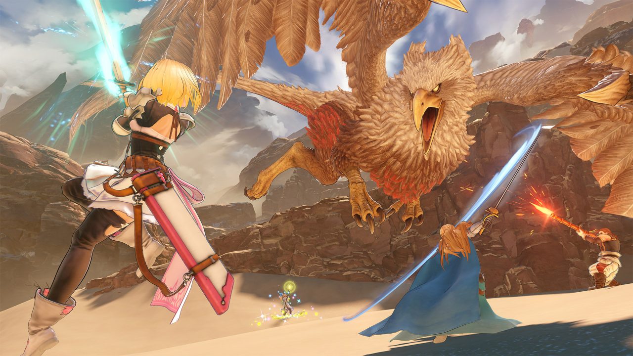Granblue Fantasy Relink screenshot of a battle with a griffin, swords drawn!