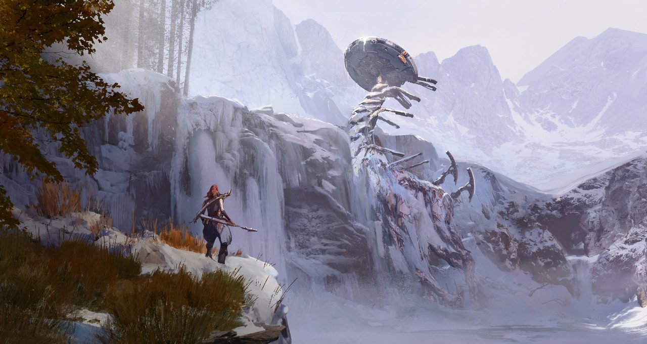 Horizon Zero Dawn: The Frozen Wilds illustration showing a red-haired woman on a cliff in the foreground looking at a frozen mechanical giant embedded in a distant cliff.