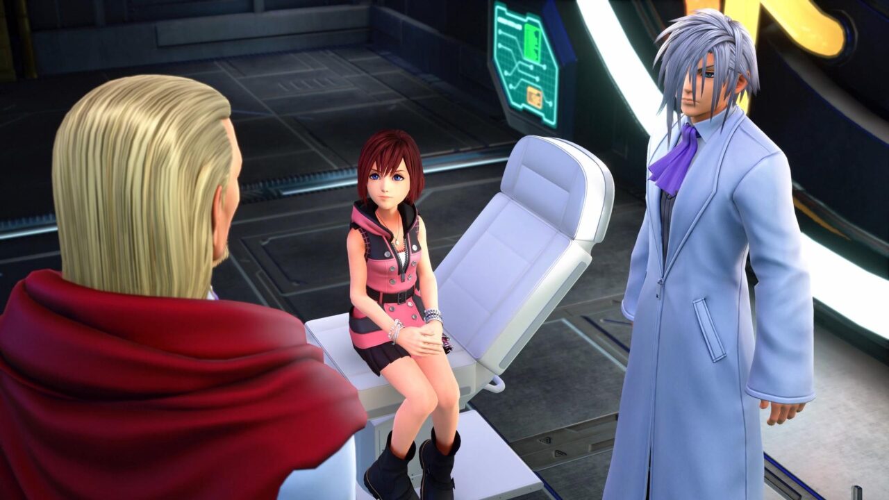 Kingdom Hearts Melody of Memory screenshot featuring Kairi talking with Ienzo and Ansem the Wise during a rare cutscene.
