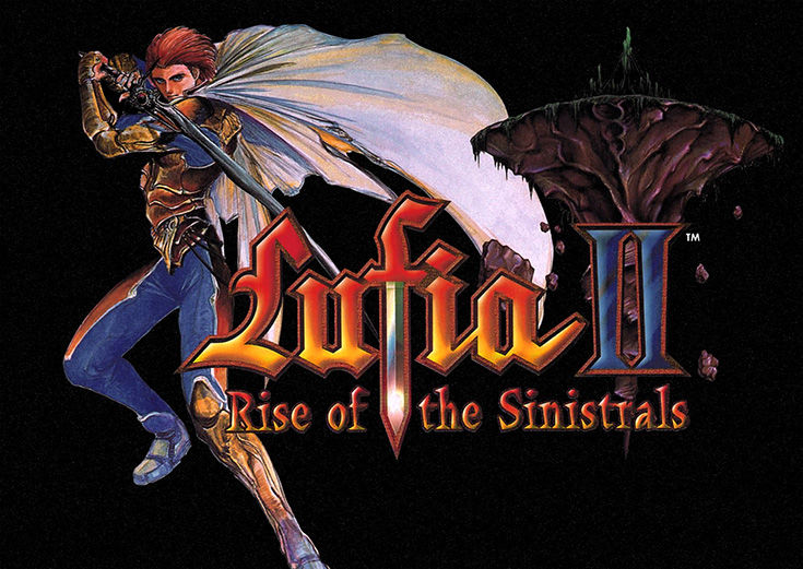 Red-haired swordsman with a billowing white cape brandishes a sword next to a floating island