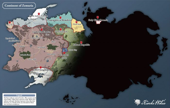 Image of a map of Zemuria, with key locations marked.