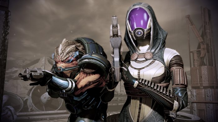 Mass Effect 2 screenshot of Tali and a Krogan partner readying for battle.
