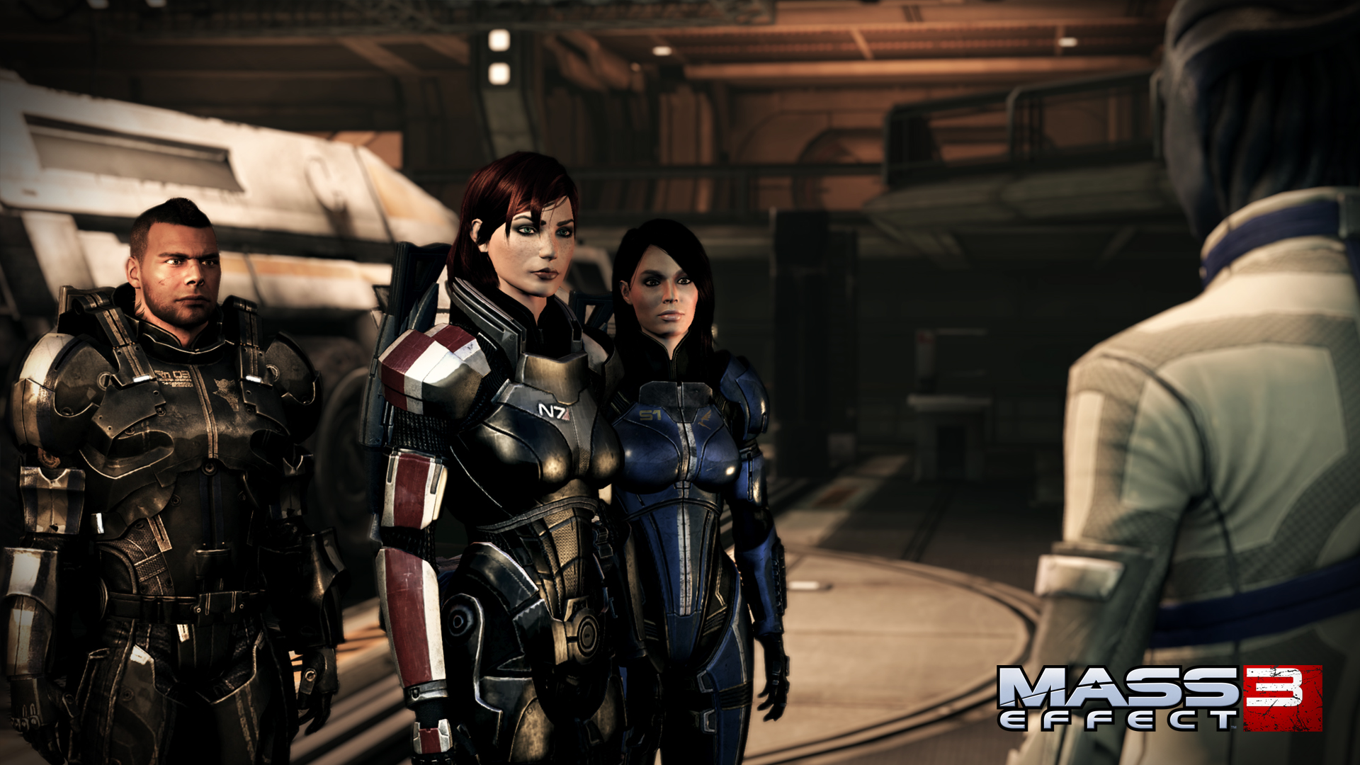 Mass Effect 3 screenshot of a female Shepard, James Vega, and Ashley Williams talking with Liara T’Soni.
