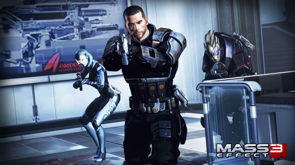 A screenshot of male shephard and his group in Mass Effect 3