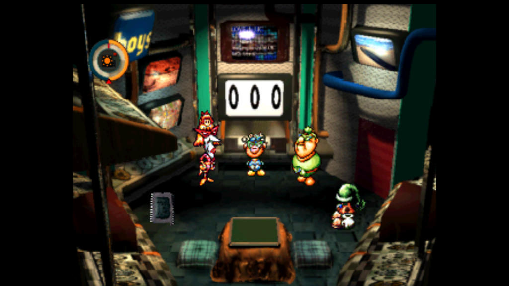 A colorful array of characters gather in front of a monitor in a control room.