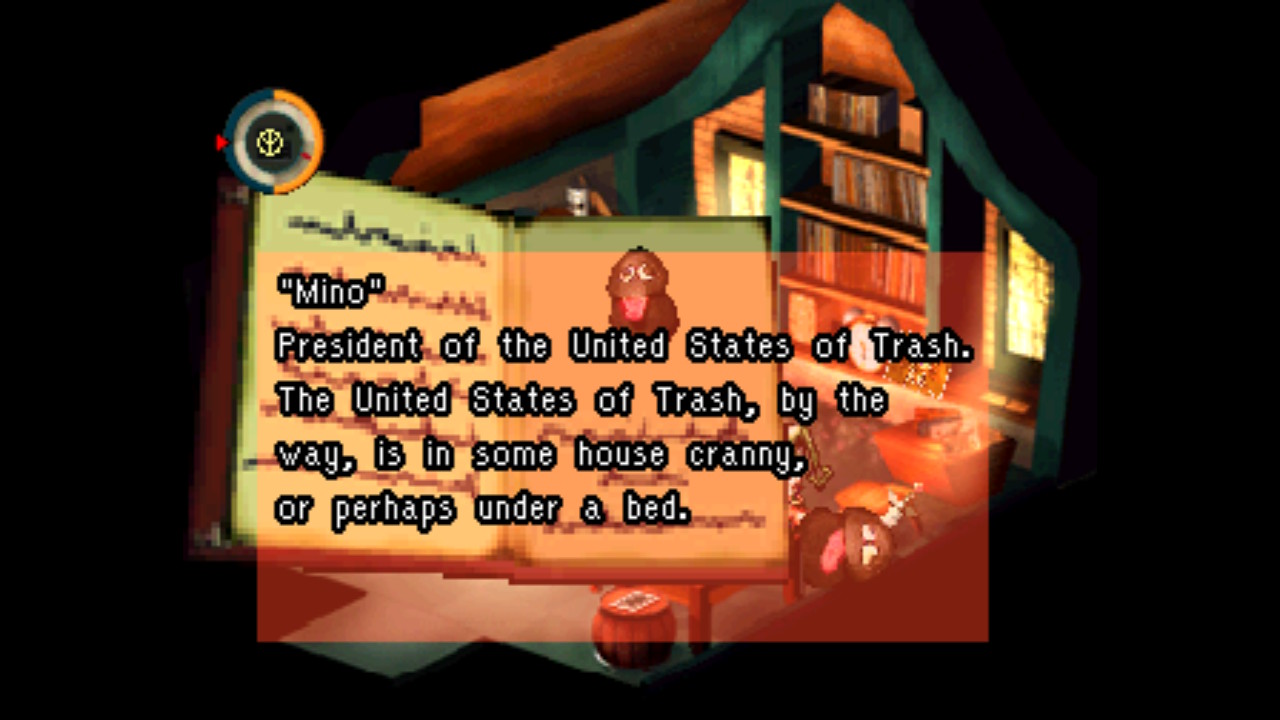 Close up of a book with a picture of a small animal with the text ""President of the United States of Trash. The United States of Trash, by the way, is in some house cranny, or perhaps under a bed."