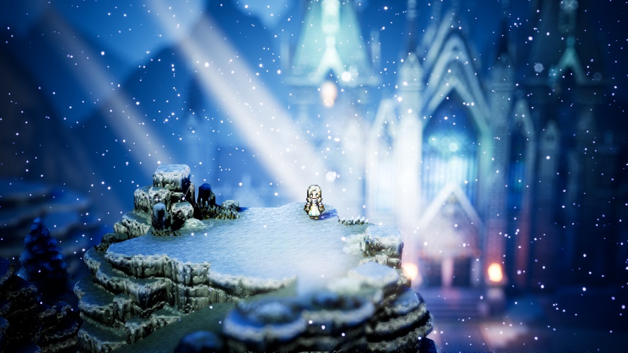 Octopath Traveler screenshot of a wintery city with a huge cathedral in the background as a character stands on a mountain in the foreground.