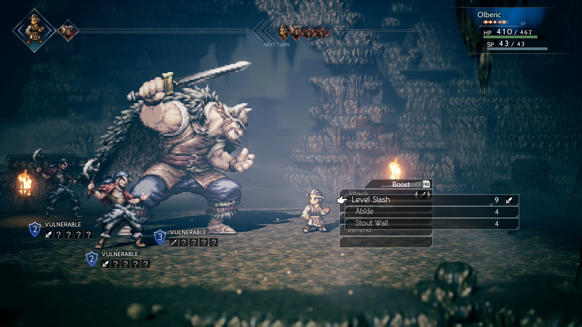Octopath Traveler Screenshot of Olberic facing off against a giant Viking-like warrior and his cronies.