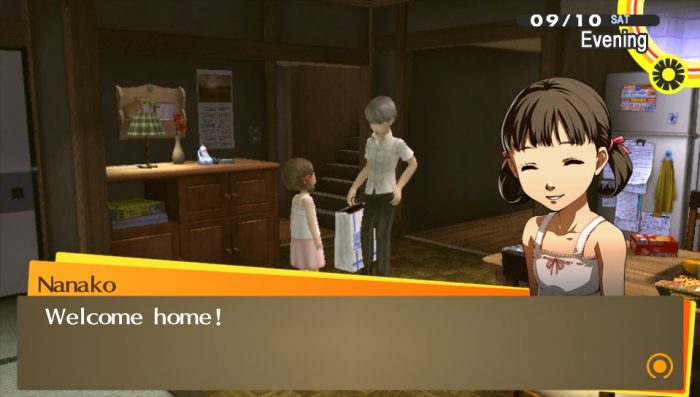 A shot of Yu and Nanako talking at home in Persona 4.