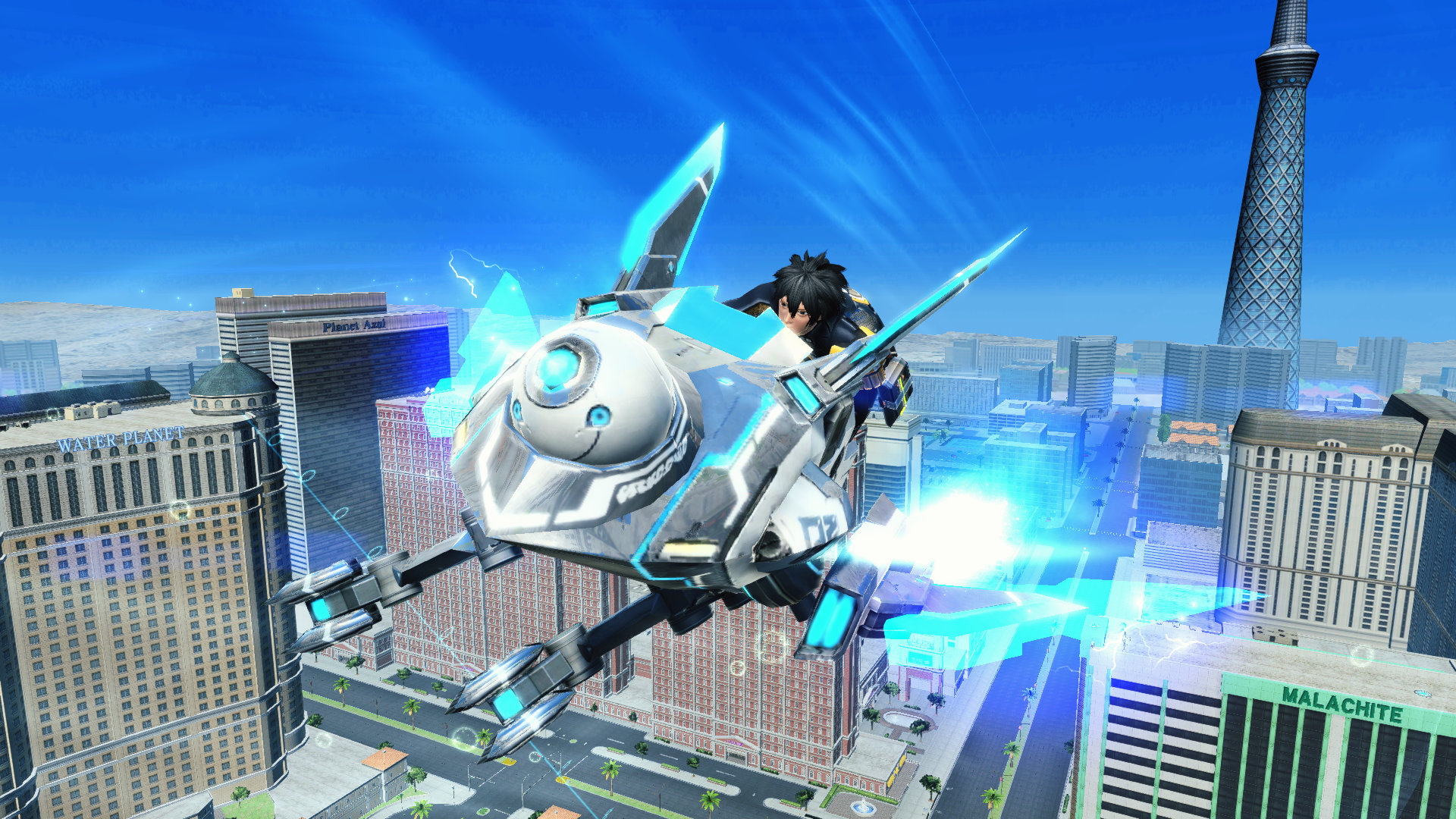 Black-haired youth flying above the city on a futuristic motor glider that resembles a jetski.