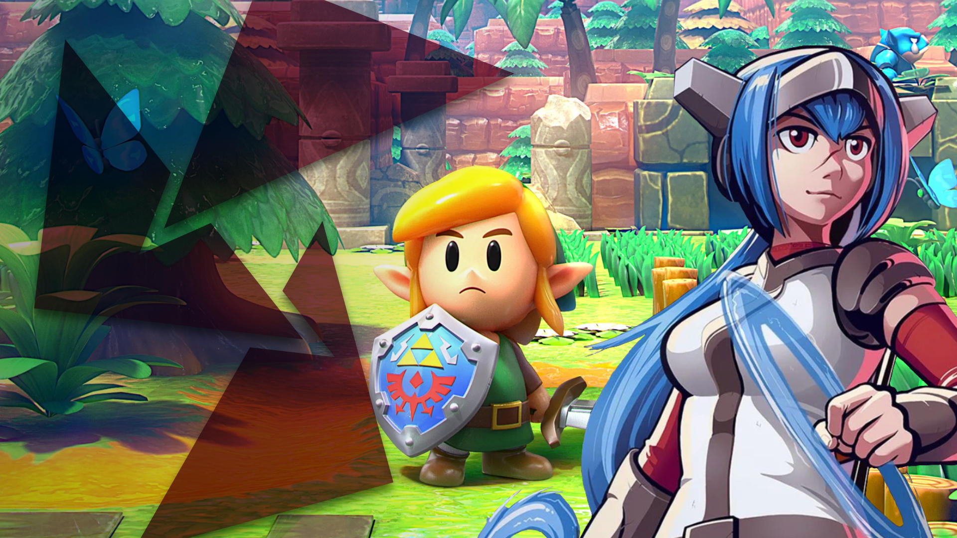 A young adventurer with a shield and lovely blond locks stands amidst ruins and beside him is a blue-haired warrior woman from the future in a white jerkin.