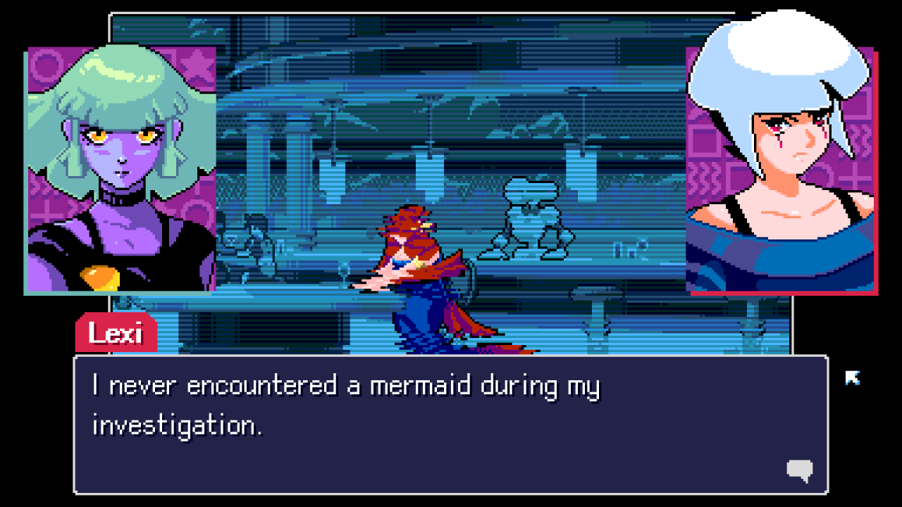Fixing memories in Read Only Memories: NEURODIVER. A mermaid sits at a table in a bar while characters discuss the situation via a text box  and portraits.