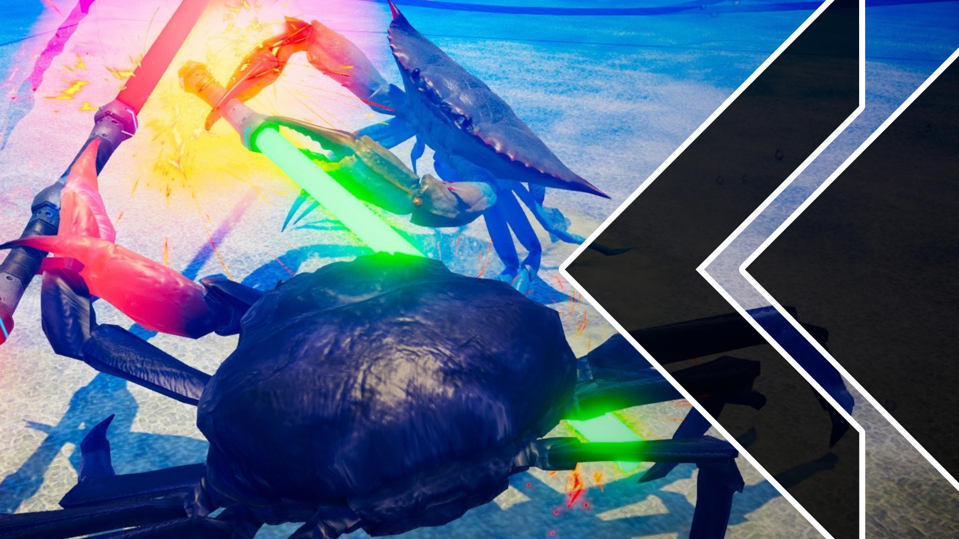 Two crabs battling with lightsabers on the ocean floor