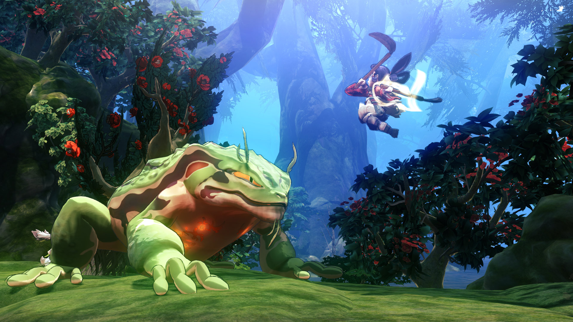Screenshot From Sakuna: Of Rice And Ruin Featuring The Protagonist Fighting A Giant Lizard