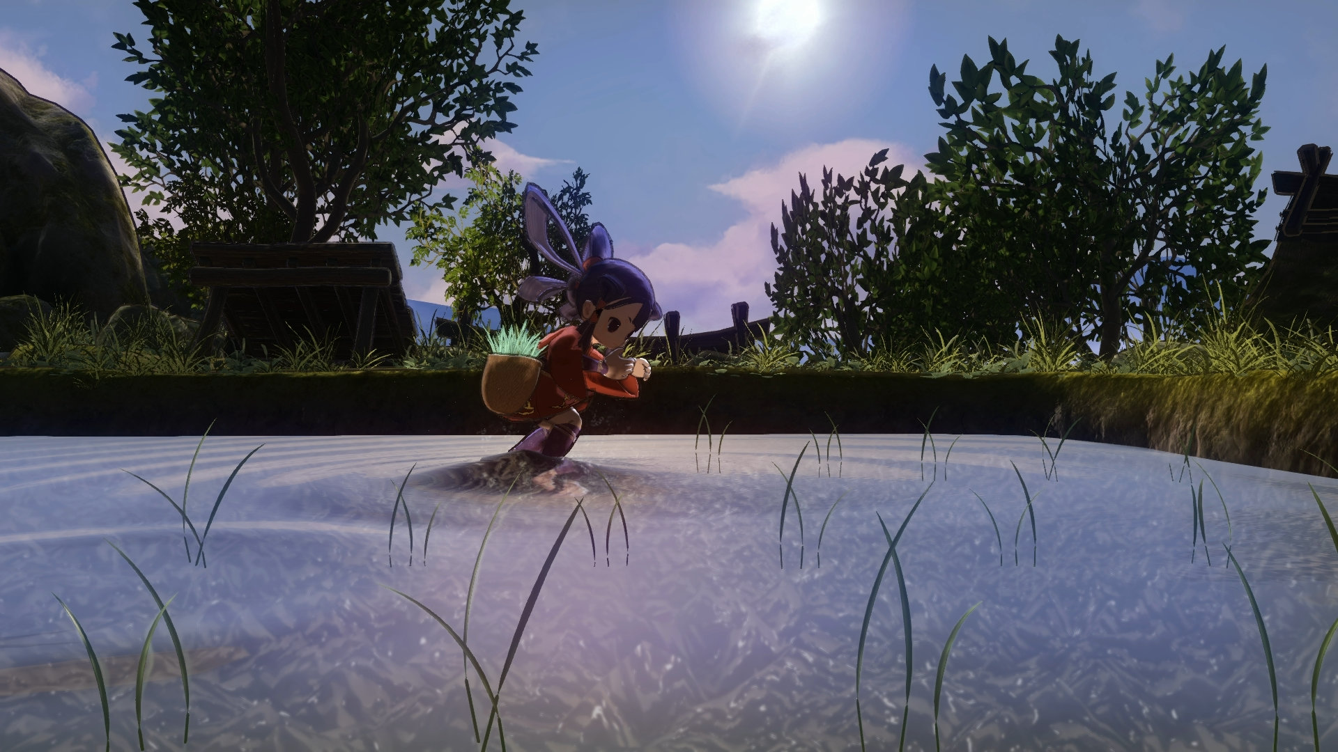 Screenshot from Sakuna: Of Rice and Ruin. Sakuna plants seedlings in her rice paddy.