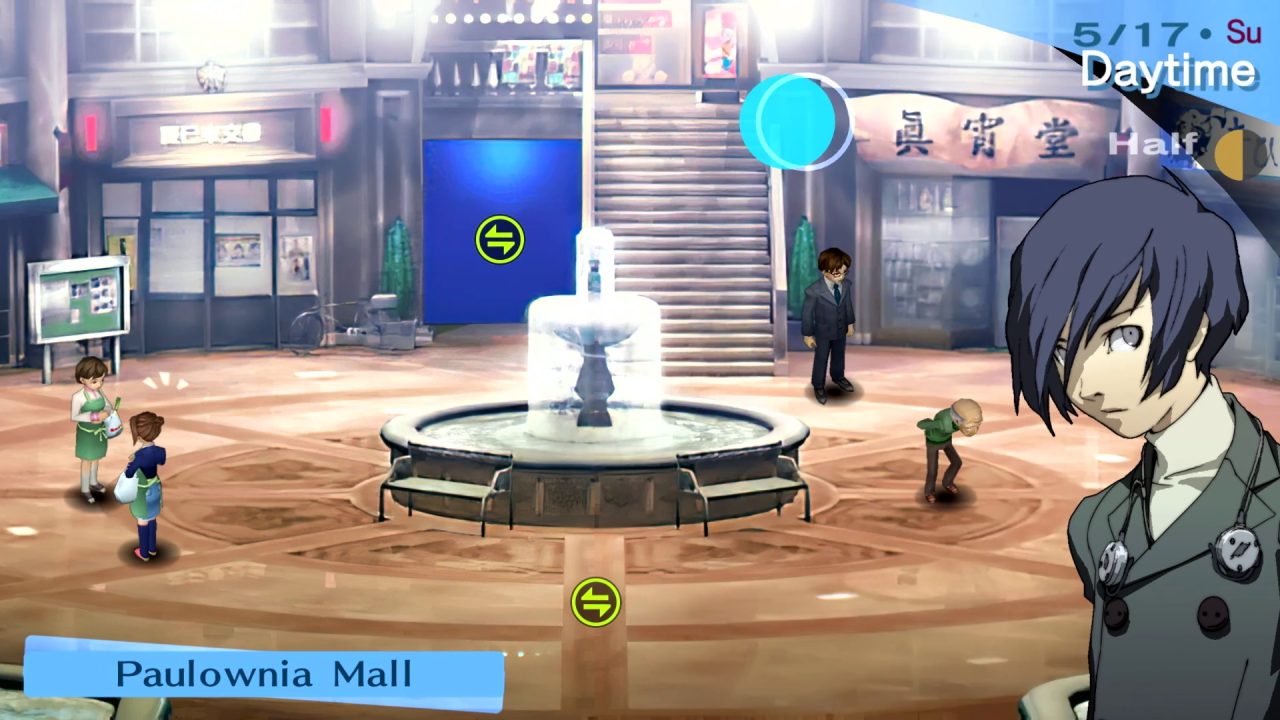 Characters stand in a mall in Persona 3 Portable.