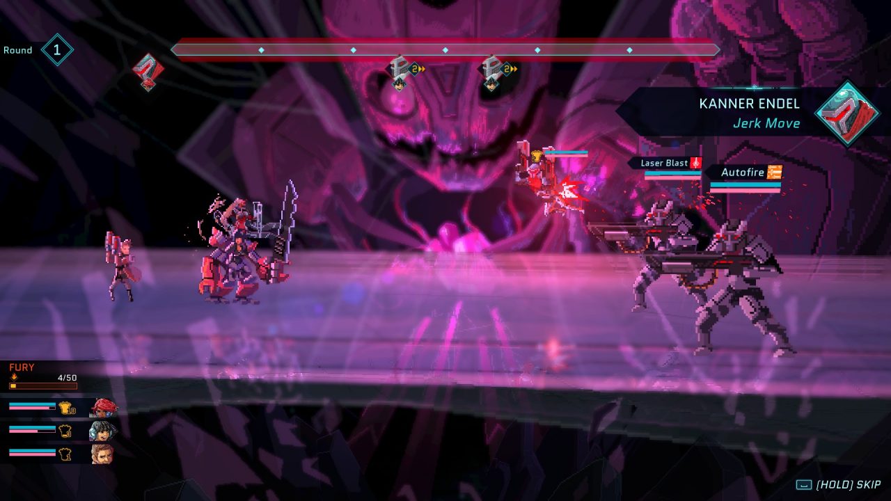 Star Renegades screenshot of a mercenary with two guns and a jetpack flying towards a group of heroes. Two evil robots wait to attack as well. The whole battle is set in front of the long-dead remnants of some giant alien being.