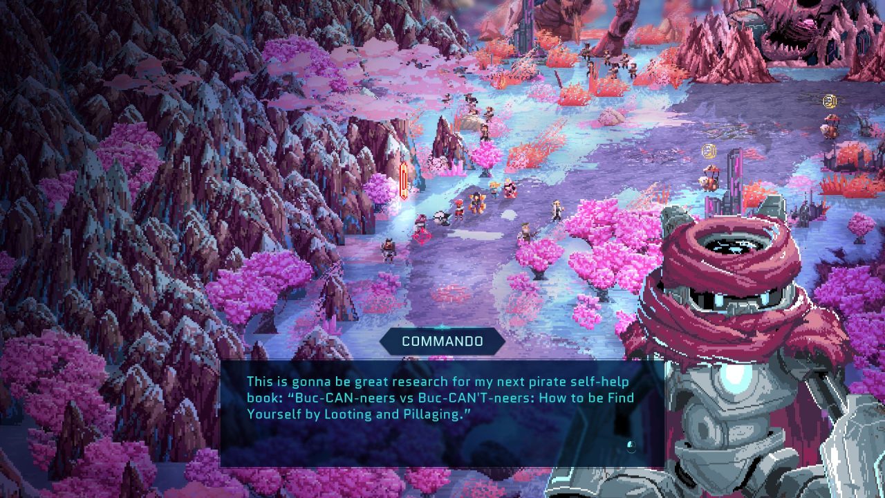 A robot covered in scarves/a head wrap discusses her latest pirate self-help book in a beautiful pink meadow.