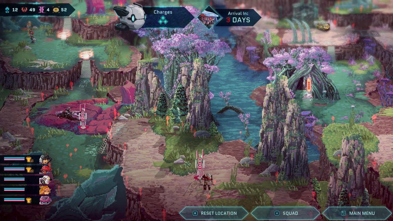 Star Renegades screenshot capturing a lush, alien planet the player explores, noting enemy robot formations in their path.