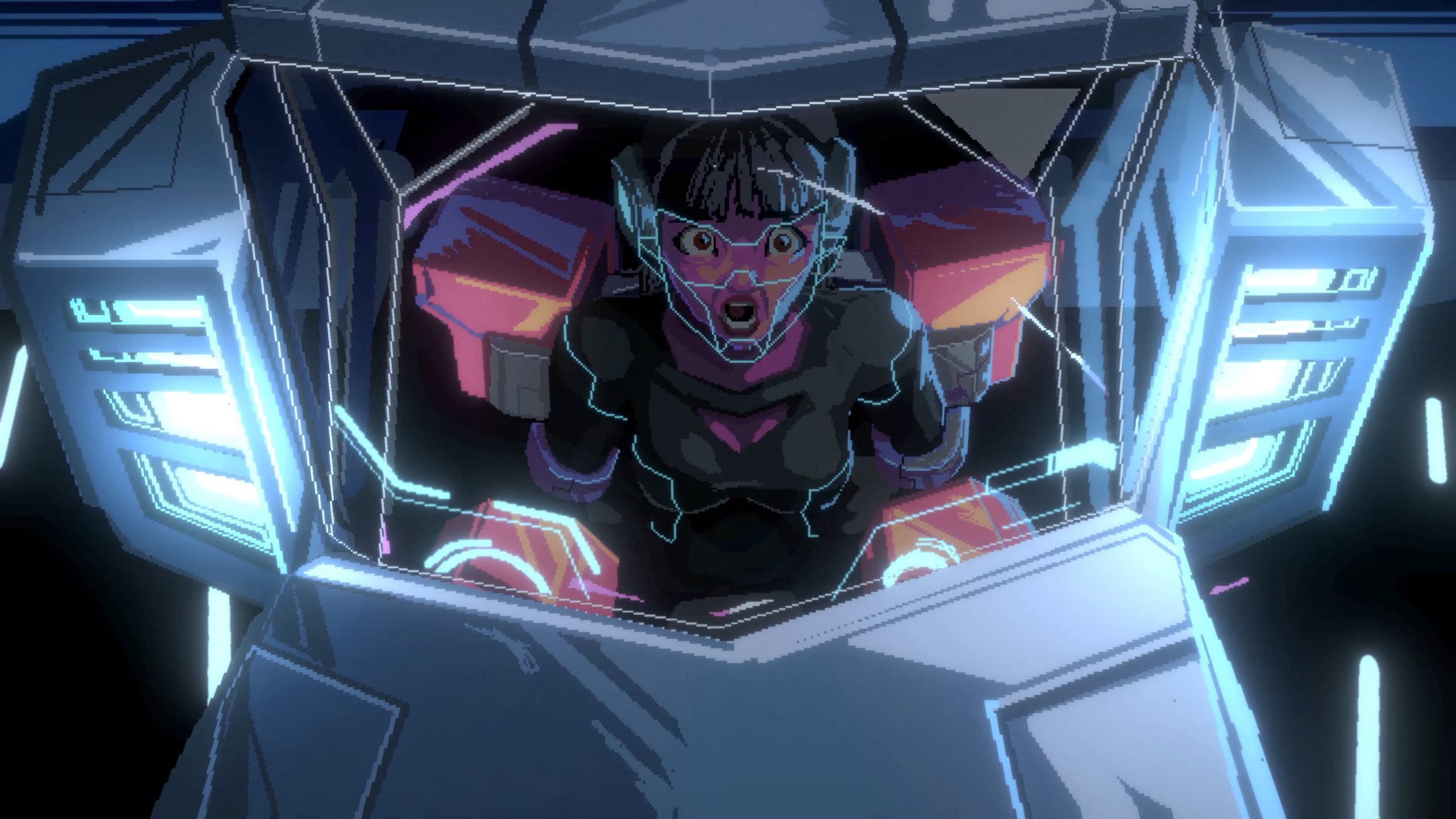 A character in a space helmet stares dumbfounded at the camera inside a vehicle in Star Renegades.