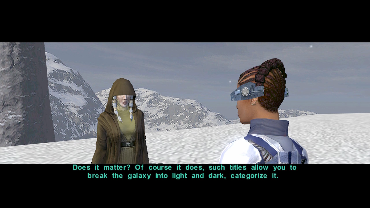 Dialogue screenshot from the Switch port of Star Wars Knights of the Old Republic II: The Sith Lords with Kreia discussing the importance of titles.