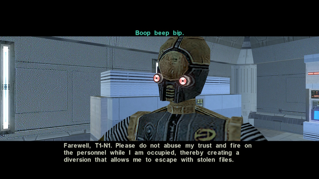 Some droid humor in the Switch port of  Star Wars Knights of the Old Republic II: The Sith Lords.