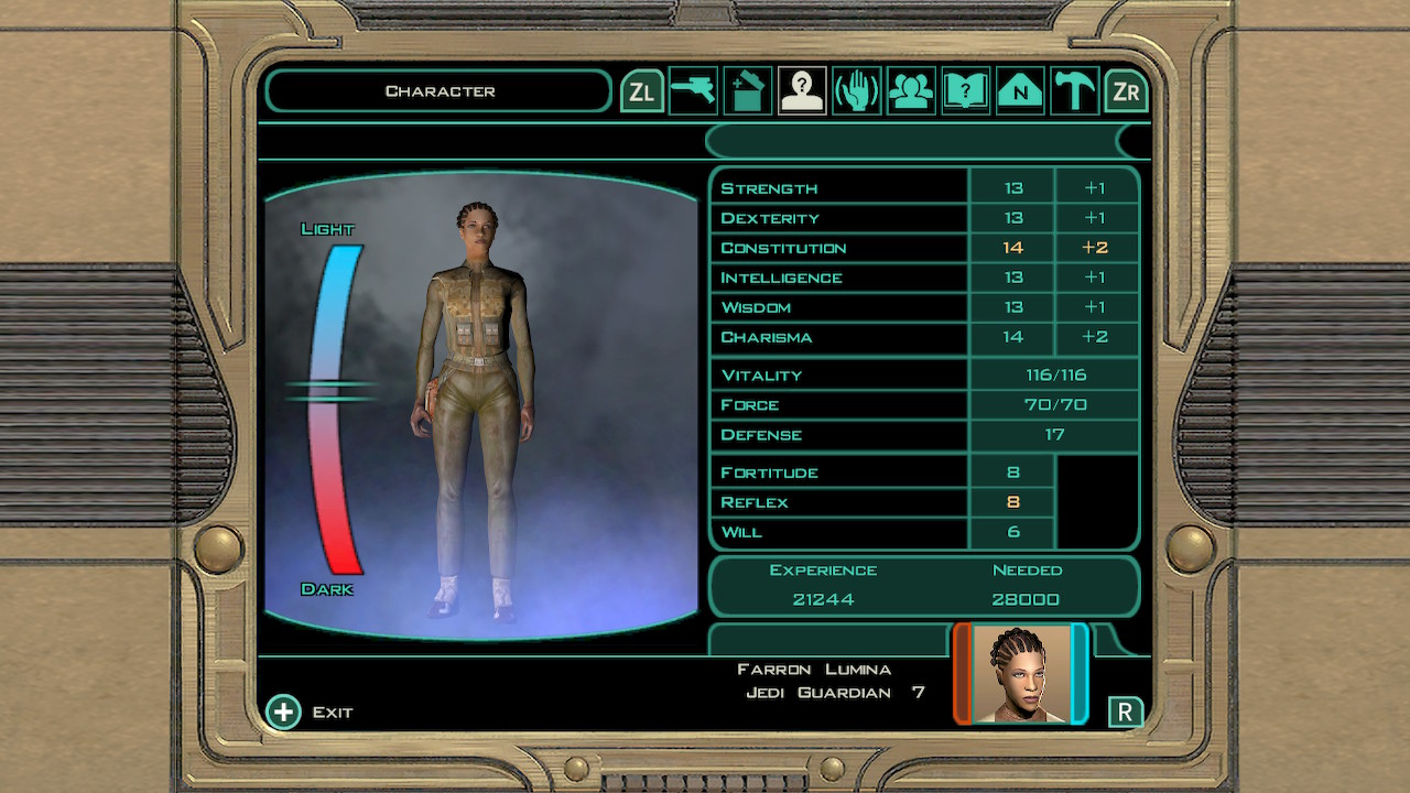 Character status menu screen displaying a character image, stats, and Force alignment from Star Wars Knights of the Old Republic II: The Sith Lords.