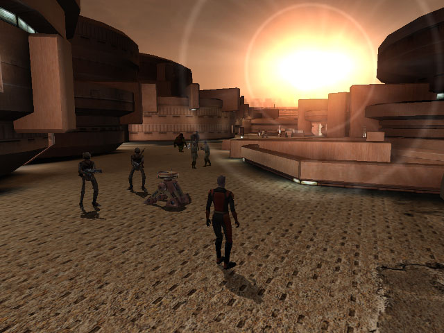 The protagonist walking into a sunset in a screenshot from Star Wars Knights of the Old Republic