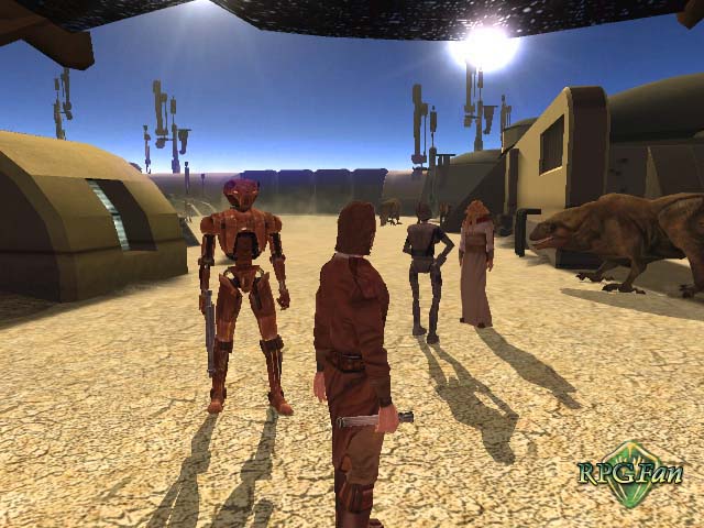 The hero and HK-47 on Tatooine in Star Wars: KOTOR.