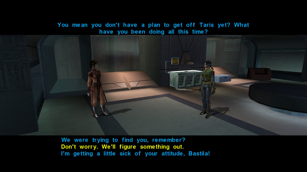 A dialogue choice screenshot from the Switch port of Star Wars: Knights of the Old Republic.