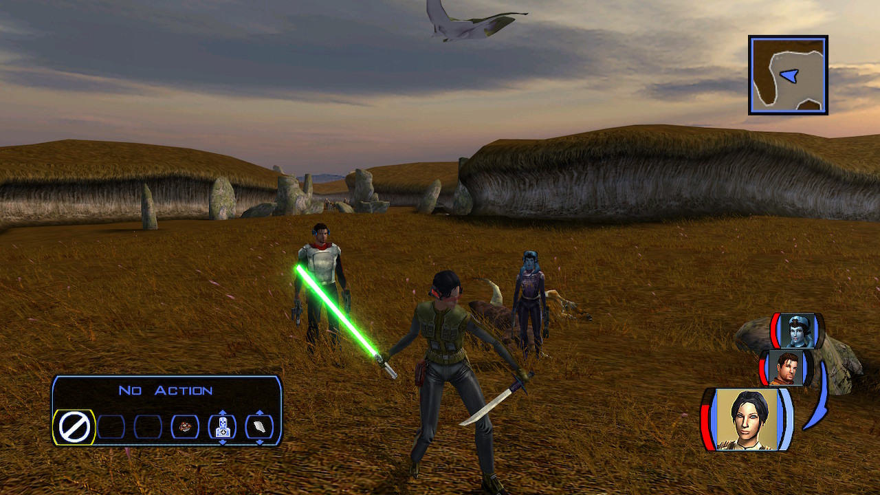 A screenshot of the main character wielding a knife and a lightsaber.