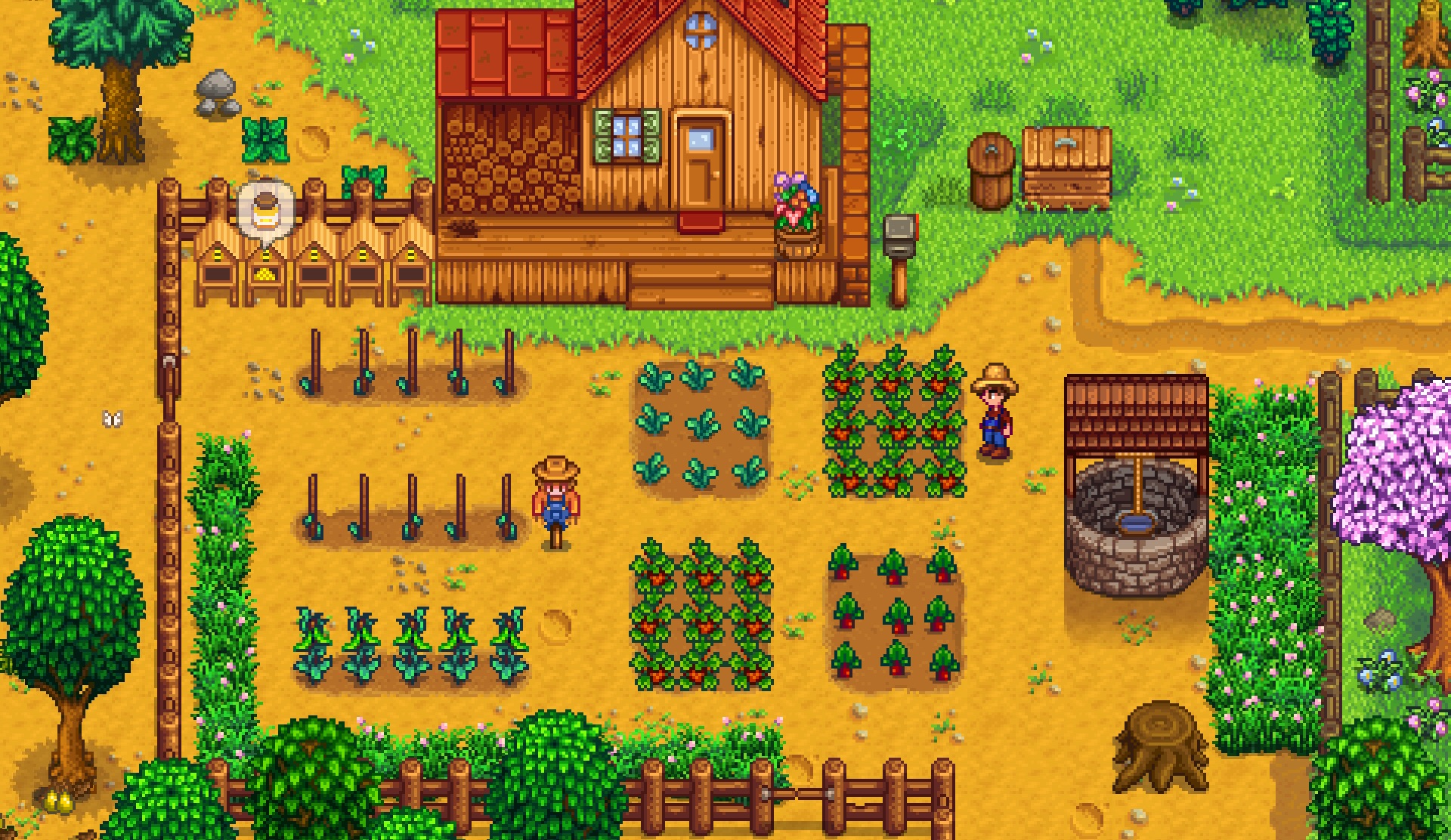 A farmer in a straw hat stands to the right of his crops and farmhouse admiringly in Stardew Valley