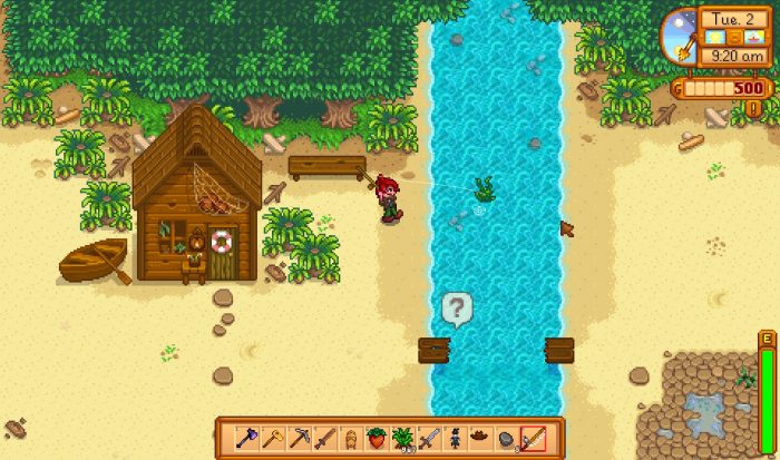 Fishing by the seaside cottage in Stardew Valley.