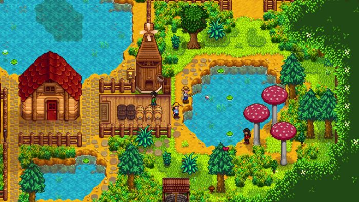 Stardew Valley screenshot of four player characters on a farm with a shed and mill, surrounded by trees and tall mushrooms.