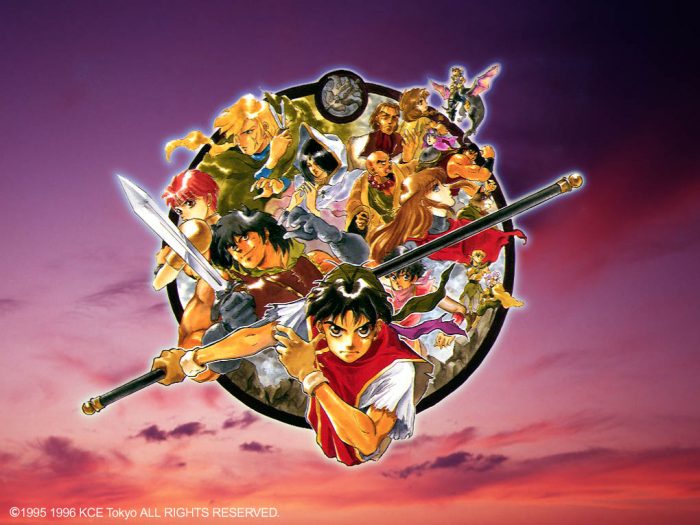 Artwork from Suikoden 1 featuring several of the 108 Stars of Destiny