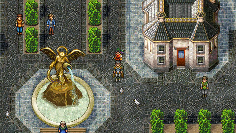 Tir following his father Teo in Gregminster in a screenshot from Suikoden