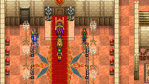 Tir in the throne room in front of the Emporer in a screenshot from Suikoden