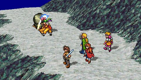 A screenshot of a battle from Suikoden with five people battling a monster on a rocky mountain path.