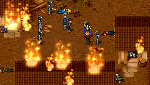 Screenshot from Suikoden II of Luca Blight and his soldiers razing a village