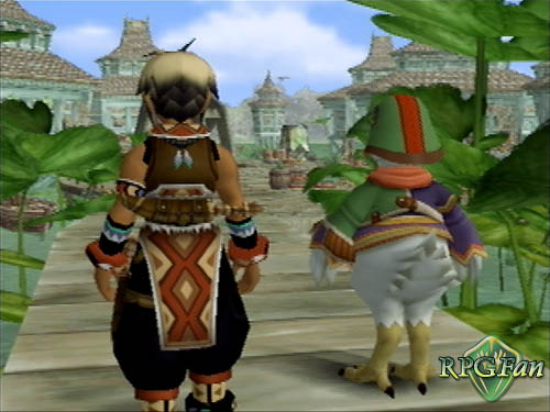 Screenshot from Suikoden III featuring protagonist Hugo and his anthropomorphic duck friend Sgt. Joe