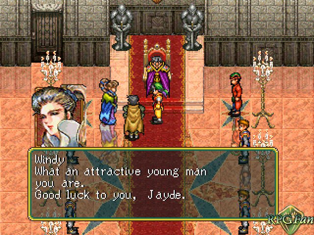 Windy speaking to the protagonist early into Suikoden's narrative.