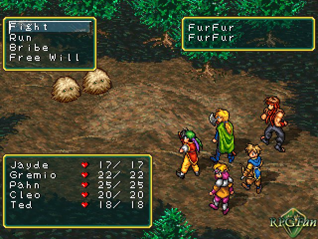 Battle screen from Suikoden, featuring a group of adventurers on the right looking up at two "Free Will" creatures in the top left.