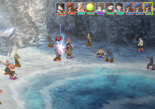 Screenshot from Suikoden Tactics featuring a battle in a seaside cave