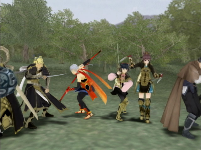 Screenshot from Suikoden V featuring the hero and the knights of Falena