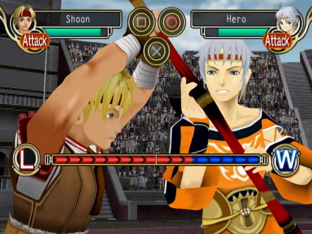 Screenshot from Suikoden IV featuring the hero engaged in a duel