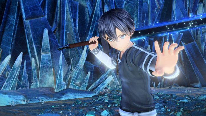 A young man is ready for battle, holding his weapon behind him with a crystal blue backdrop