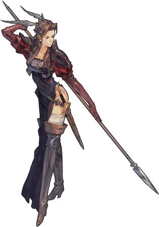 Tactics Ogre: Let Us Cling Together  artwork of brunette warrior clad in leather and plate armor, wielding a thin metal spear