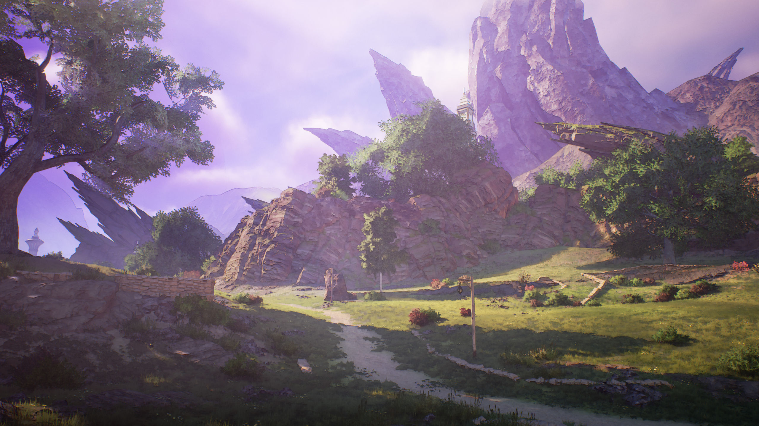 A road leads up to some jutting mountain peaks in Tales of Arise.