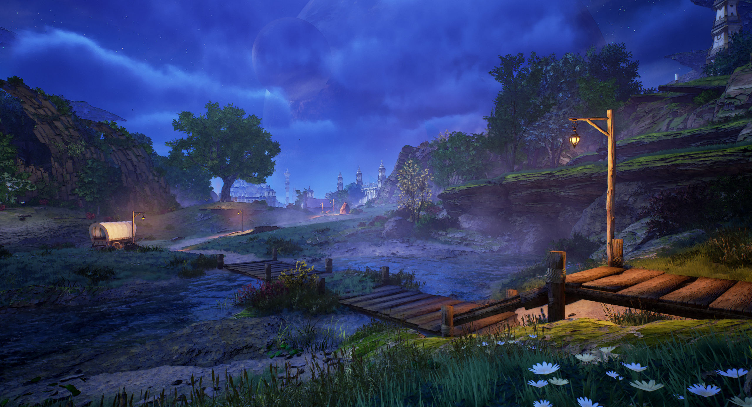 A beautiful night sky shot of a pier on a lake in Tales of Arise