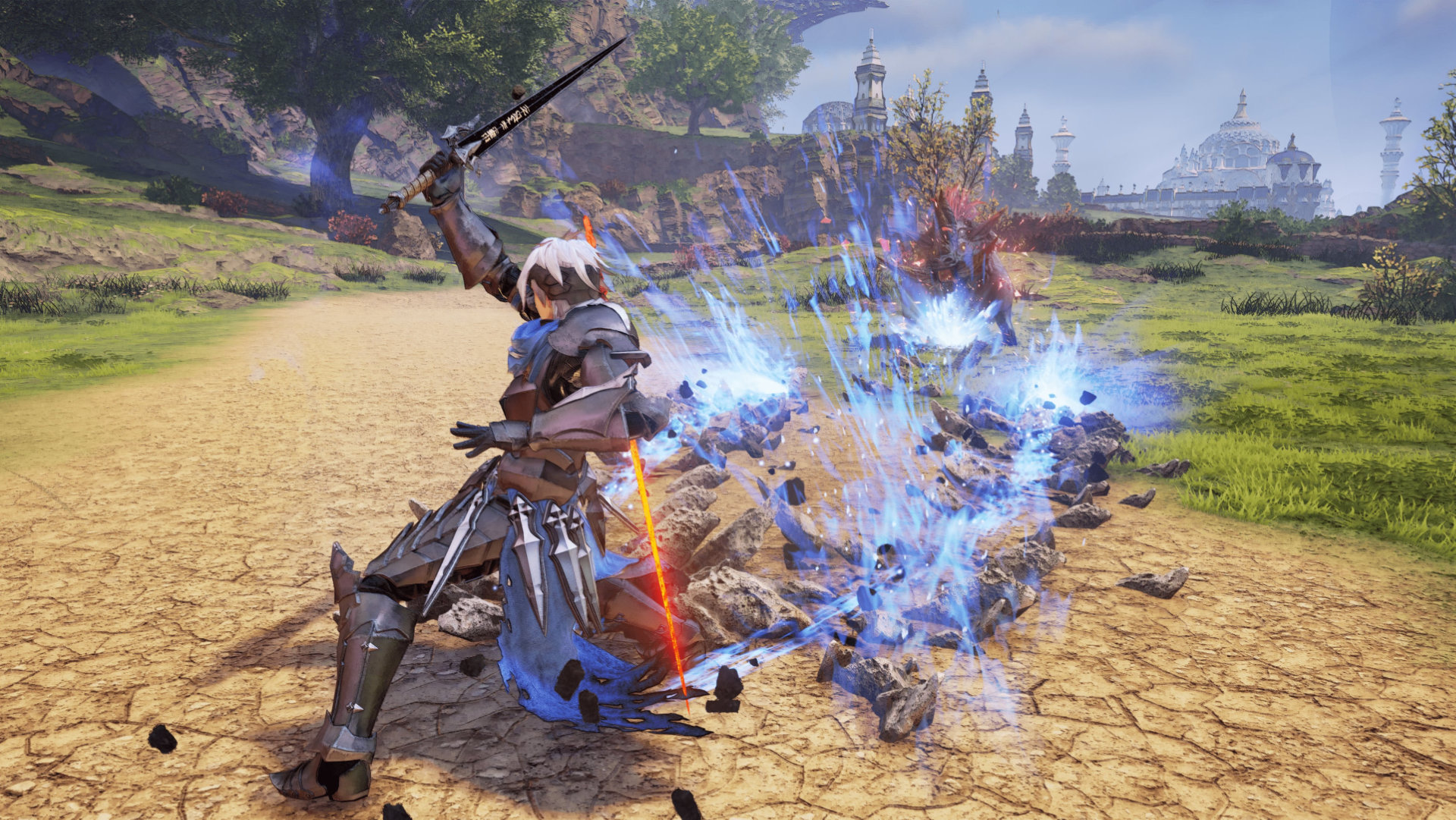 In a grassy area, an armoured man attacks a wolf-like beast. The swing of his sword tears up earth which throws the monster back.